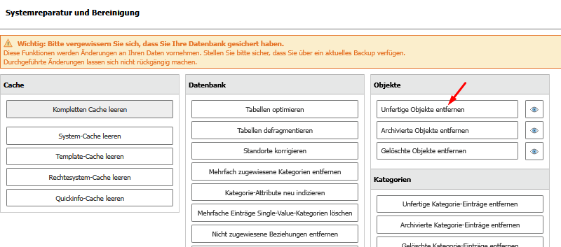 Unfertige Objekte entfernen in der Verwaltung